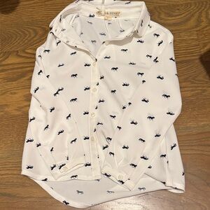 Tucker & Henry Kids White Button-Down Shirt with Navy Horse Print